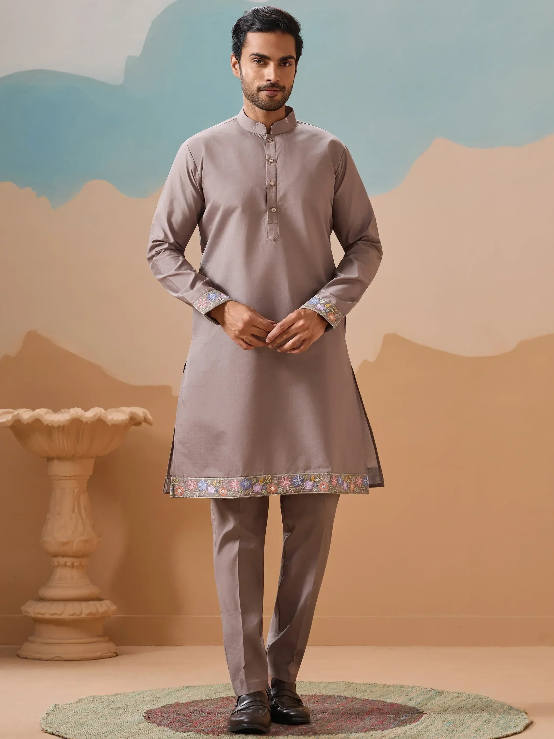 Men's ethnic kurta with floral embroidery, perfect for Indian occasions and festive wear