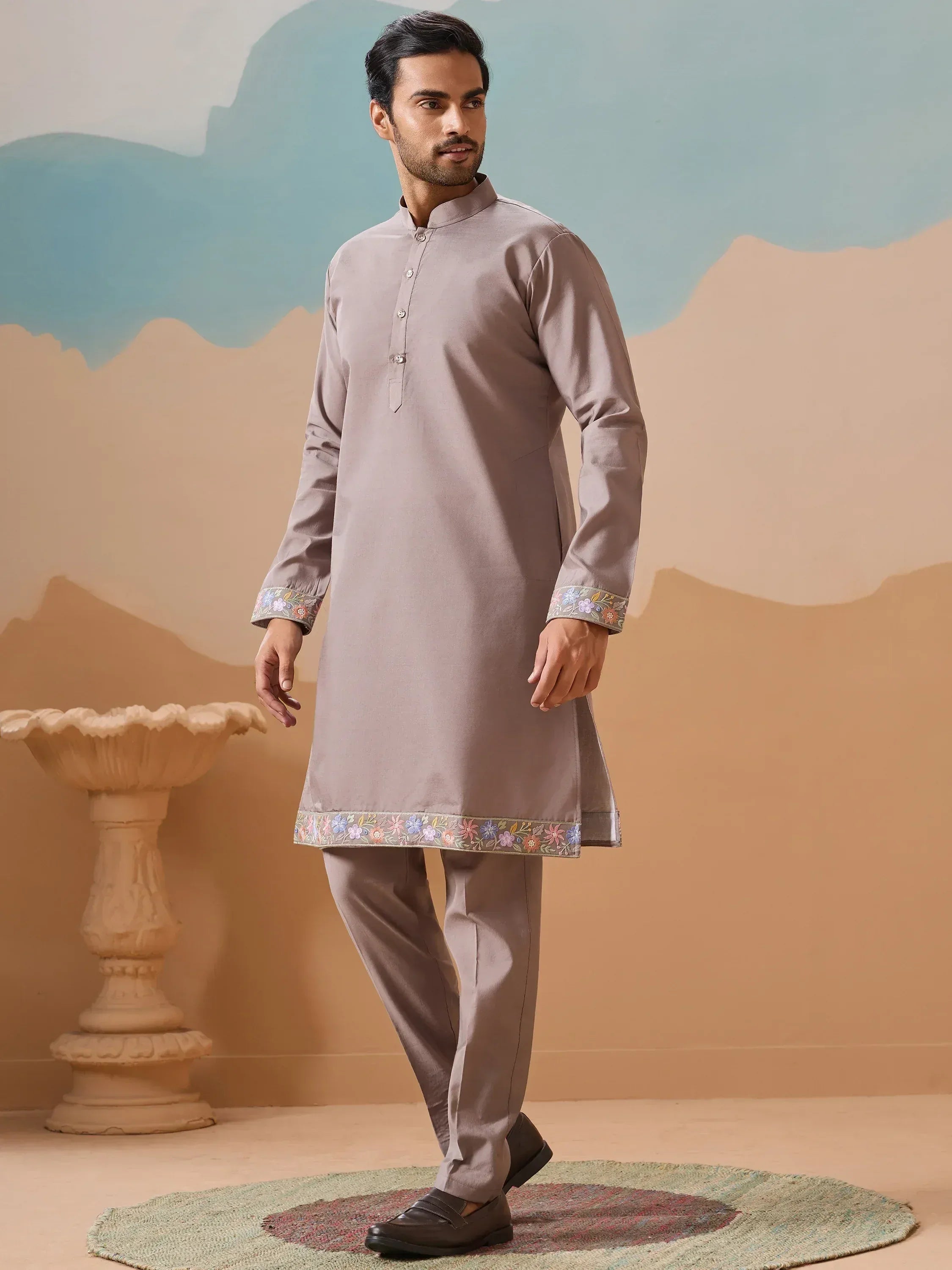 Men's ethnic kurta with floral embroidery, perfect for Indian traditional wear