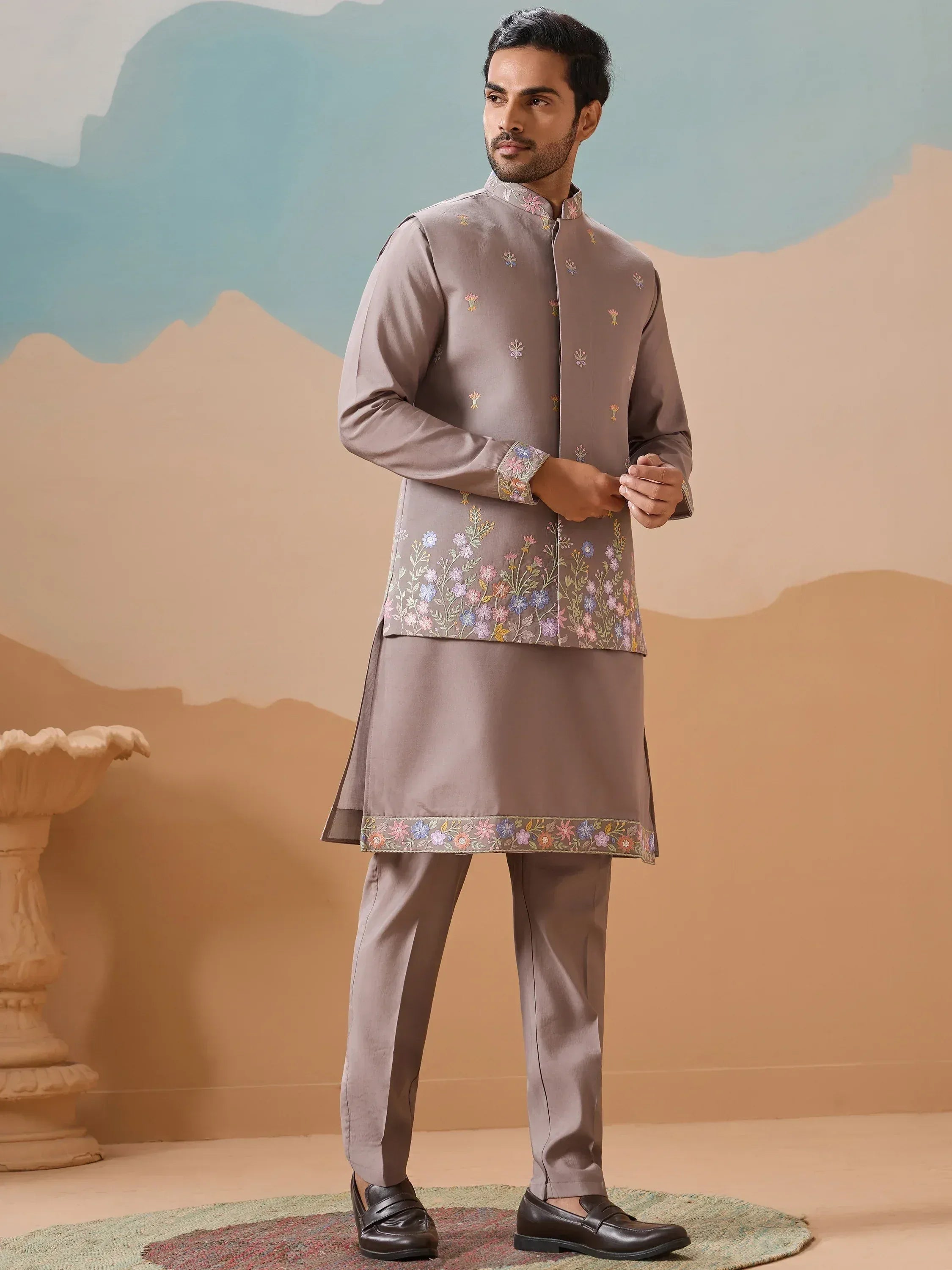 Men's ethnic kurta set with floral embroidery, perfect for Indian festive occasions