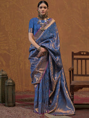 Flashy Slate Blue Handloom Weaving Silk Event Wear Saree With Blouse