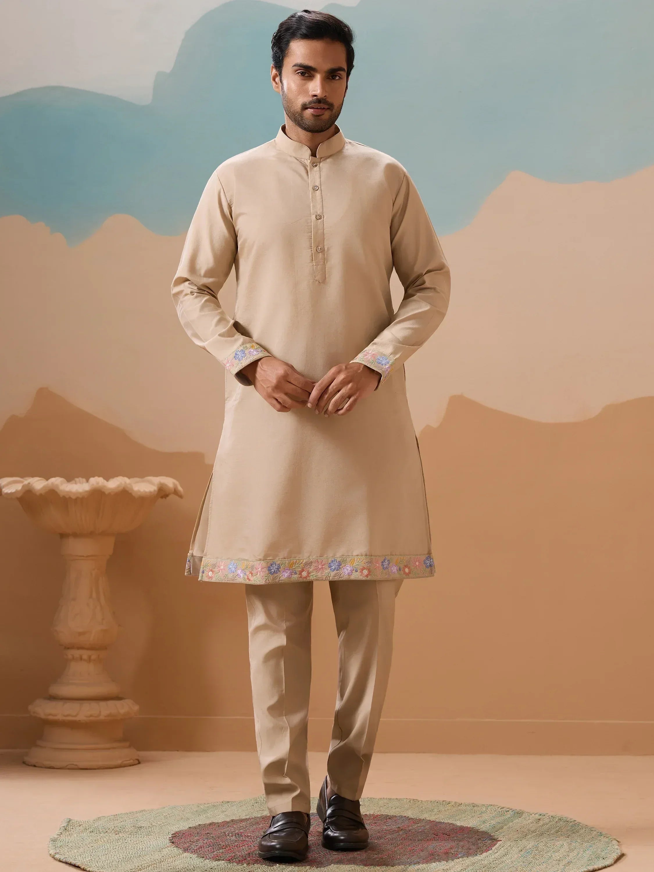 Beige men's kurta with floral embroidery, ethnic wear for festive occasions