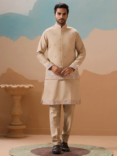 Outstanding Beige Thread Work Viscose Designer Men Kurta With Pant And Jacket