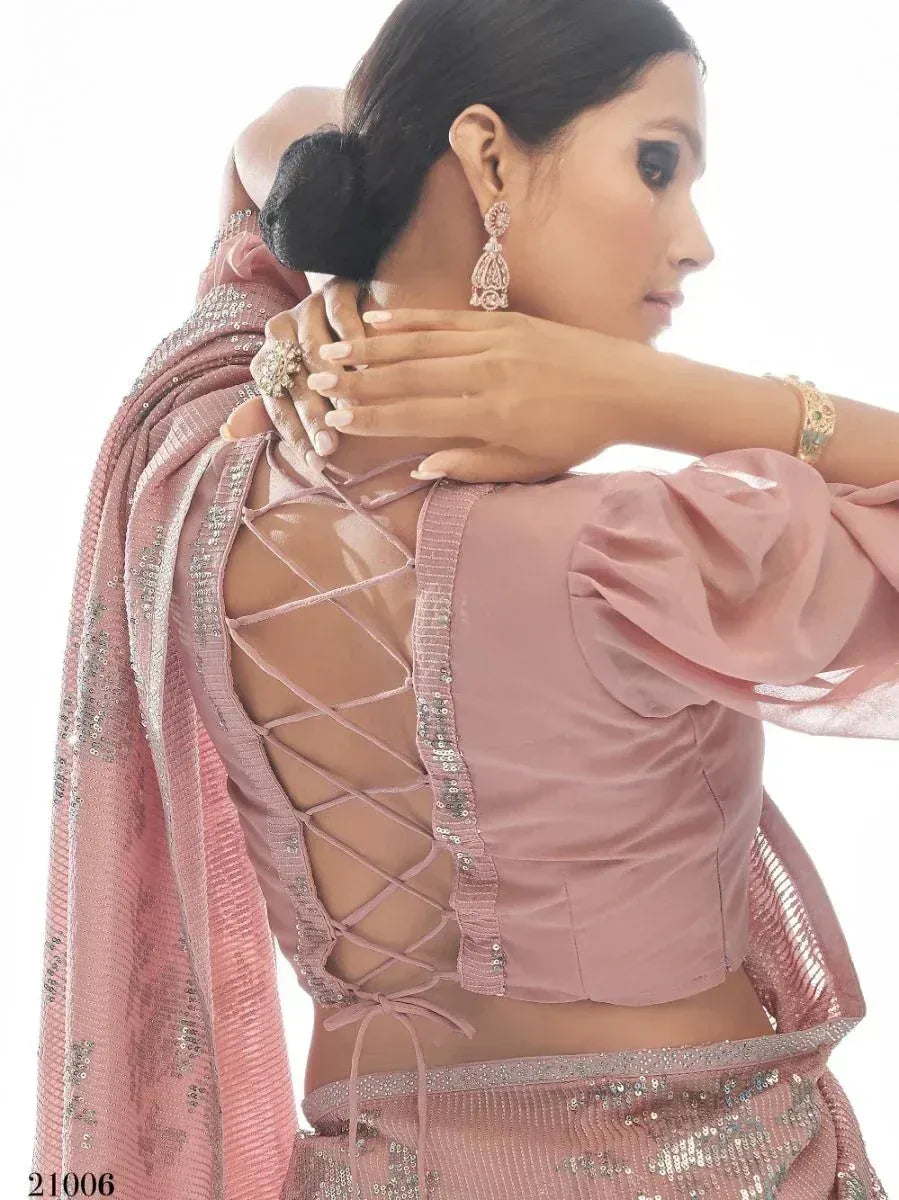 Charming Peach Sequins Embroidered Georgette Saree