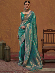 Striking Teal Green Handloom Weaving Silk Event Wear Saree With Blouse