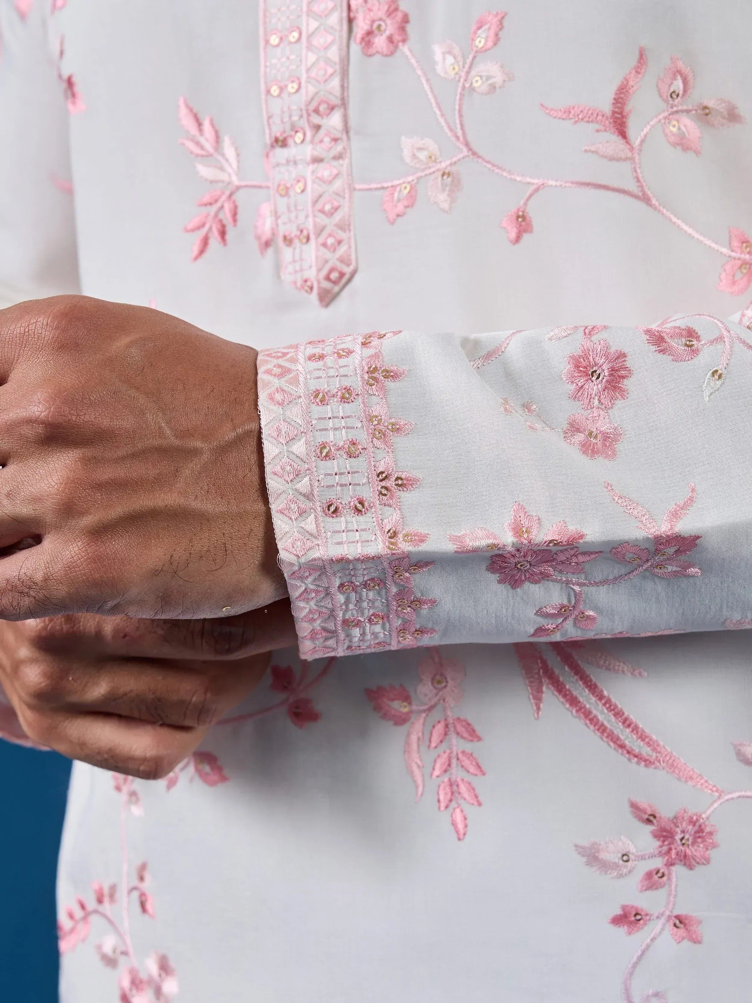 Lovely White Thread Embroidered Silk Function Wear Men Kurta
