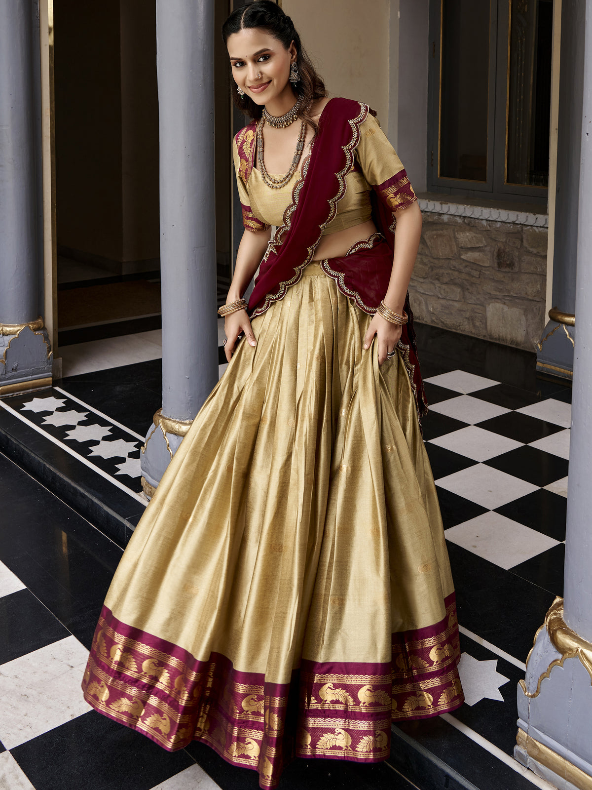 Magnificent Beige Zari Woven Silk Festive Wear Half Saree Lehenga