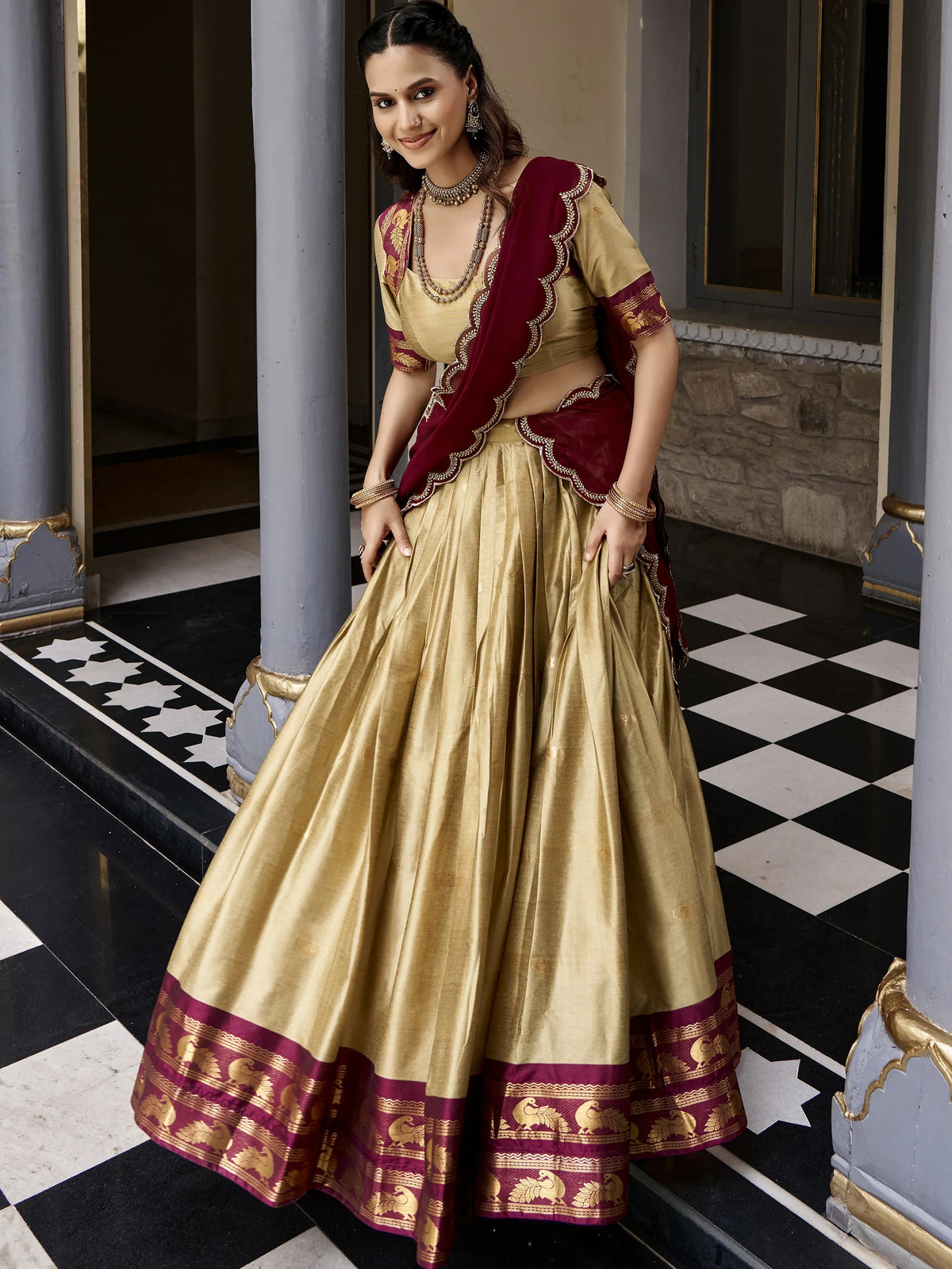 Magnificent Beige Zari Woven Silk Festive Wear Half Saree Lehenga