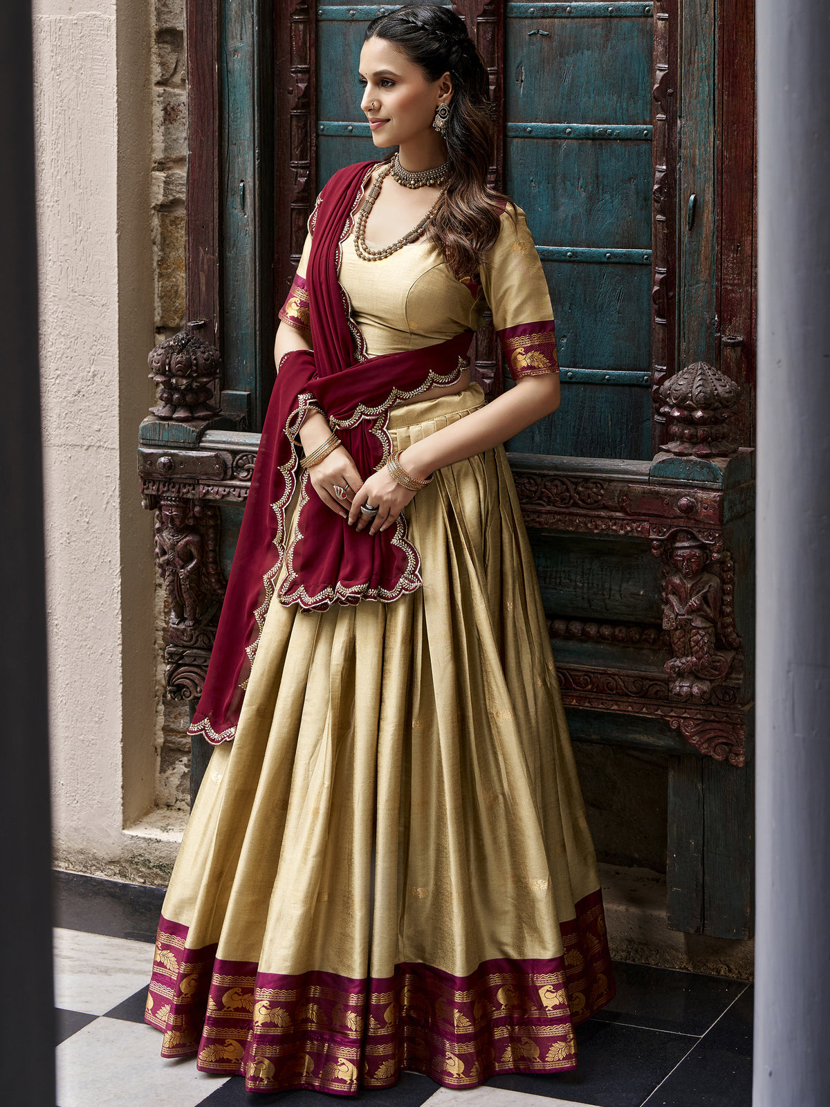 Magnificent Beige Zari Woven Silk Festive Wear Half Saree Lehenga