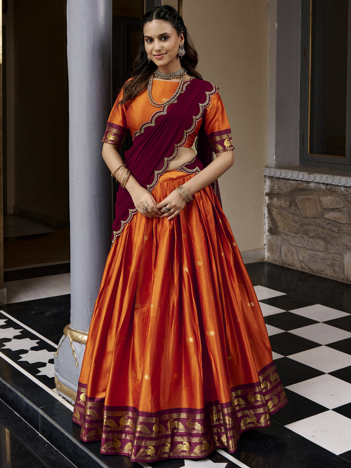 Beautiful Rust Orange Silk Half Saree Lehenga With Sequins Dupatta