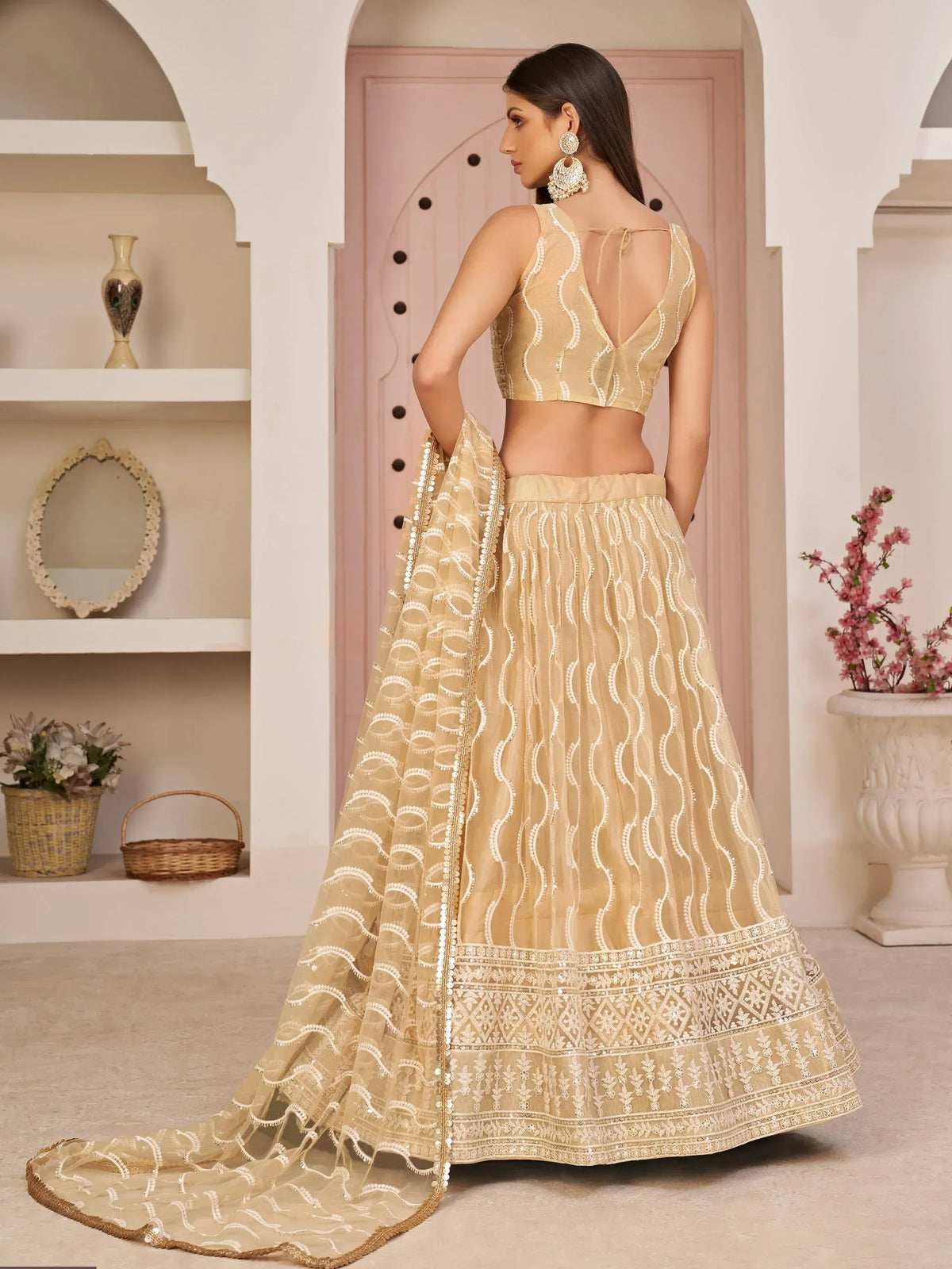 Beige embroidered lehenga choli with backless blouse and dupatta, ethnic Indian wear