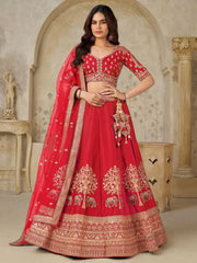 Enchanting Red Zari Embroidered Silk Bridal Wear Lehenga Choli With Dupatta