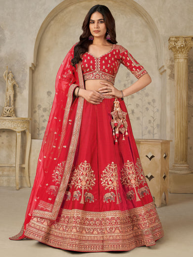 Enchanting Red Zari Embroidered Silk Bridal Wear Lehenga Choli With Dupatta