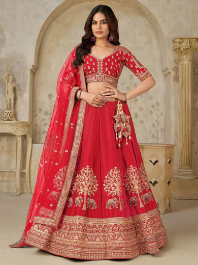 Enchanting Red Zari Embroidered Silk Bridal Wear Lehenga Choli With Dupatta