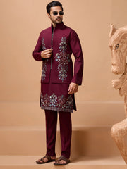 Amazing Maroon Multi Thread Work Silk Men Kurta With Pant And Jacket