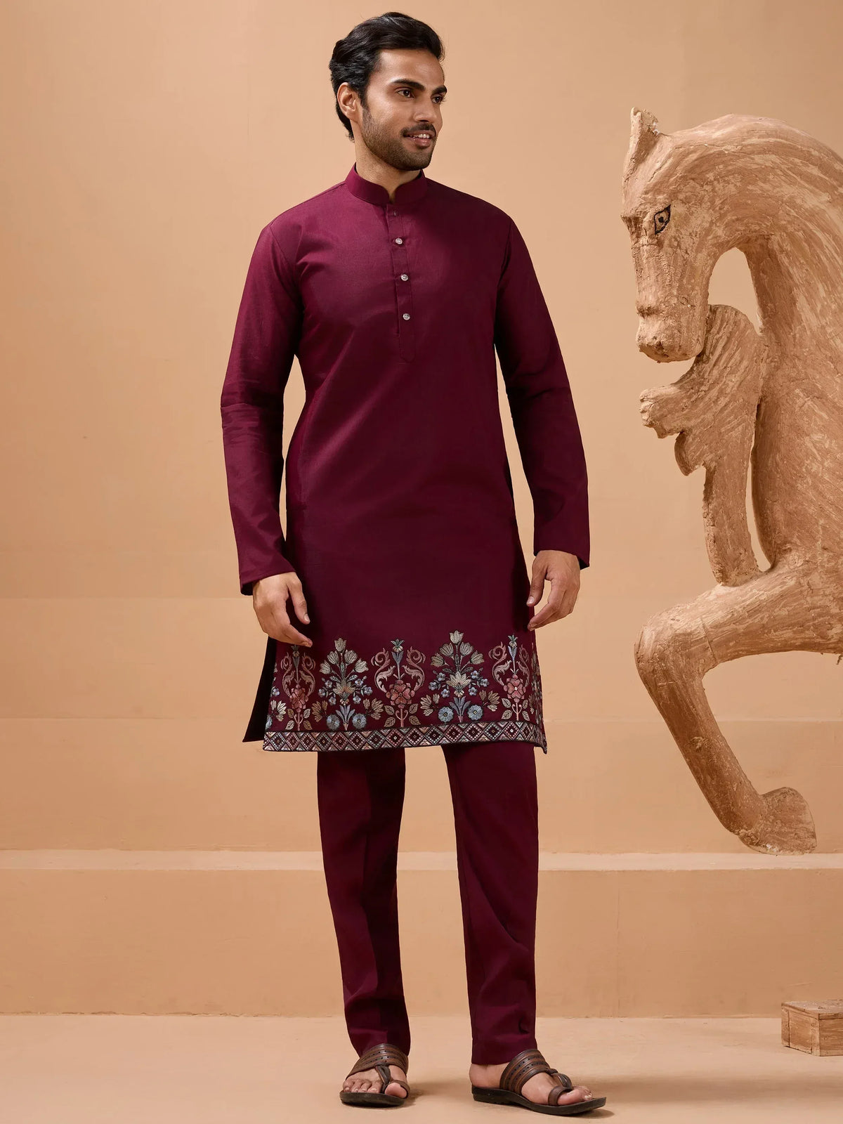 Maroon kurta with floral embroidery and matching pants, Indian ethnic wear for men