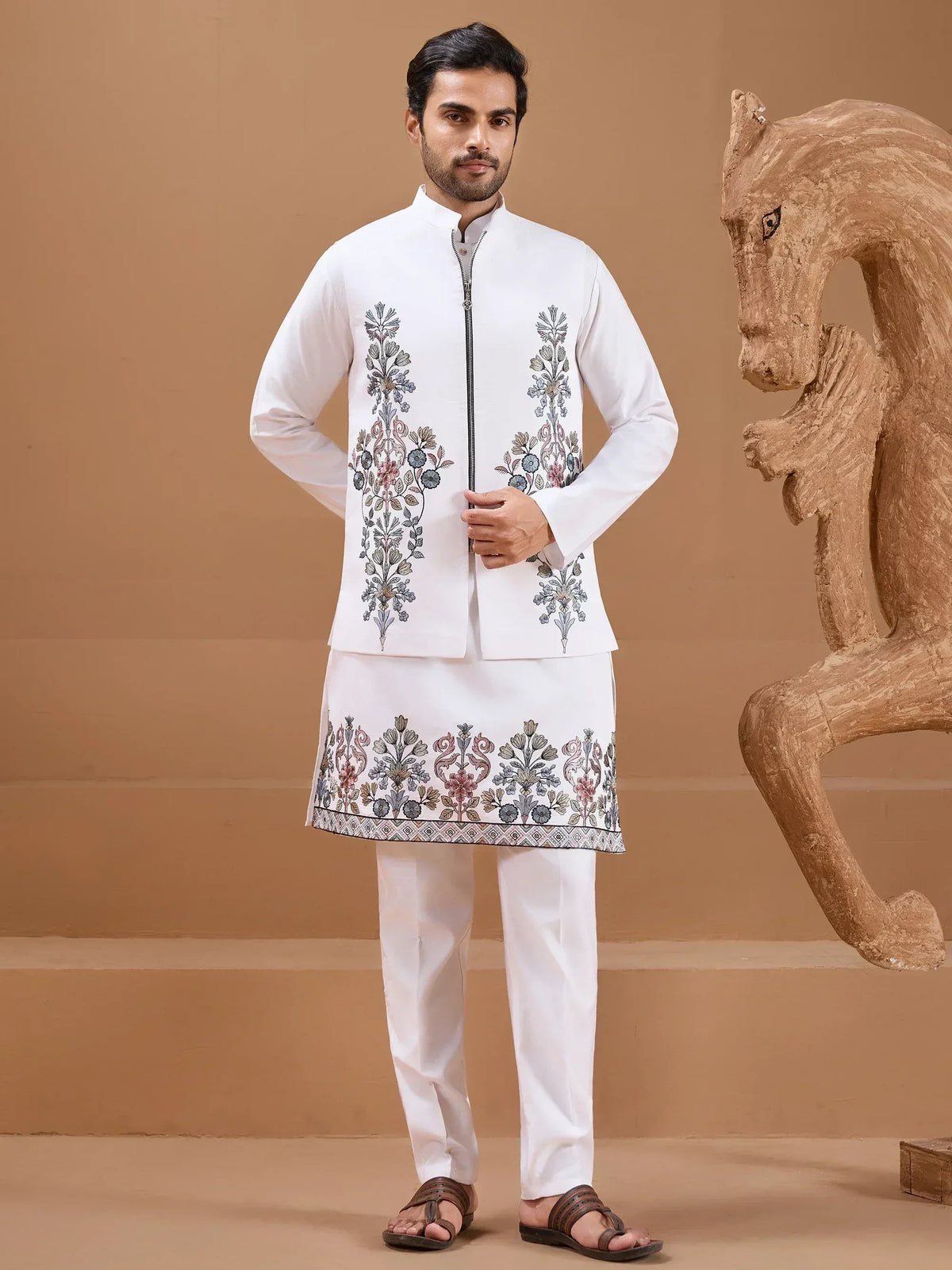 White embroidered kurta set with floral patterns, ideal for Indian ethnic wear occasions