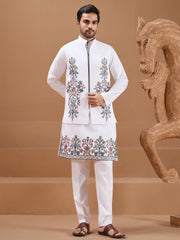 Wonderful White Mens Kurta And Pant With Sequins Embroidered Jacket