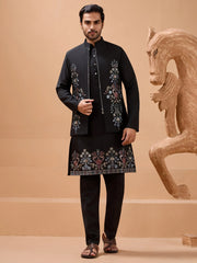 Classic Black Silk Mens Kurta And Pant With Thread Work Jacket