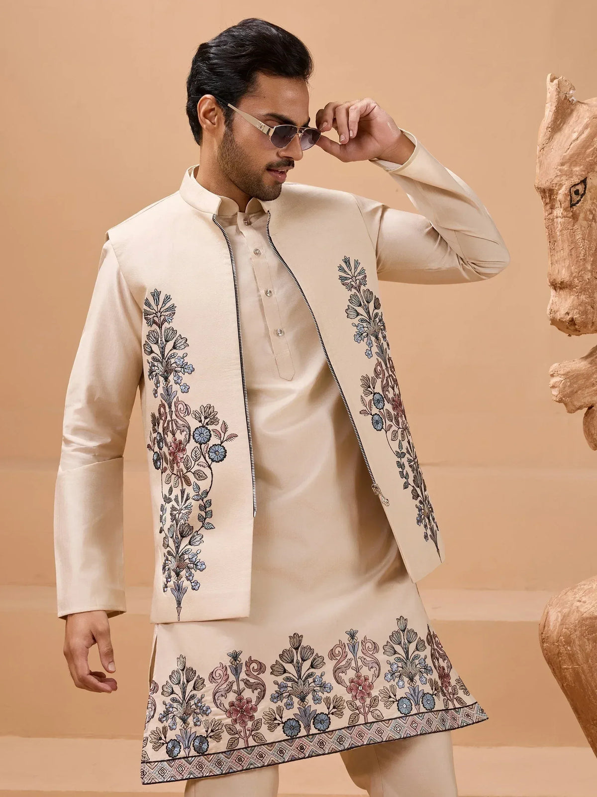 Cream embroidered kurta set with floral jacket for men, Indian ethnic wear
