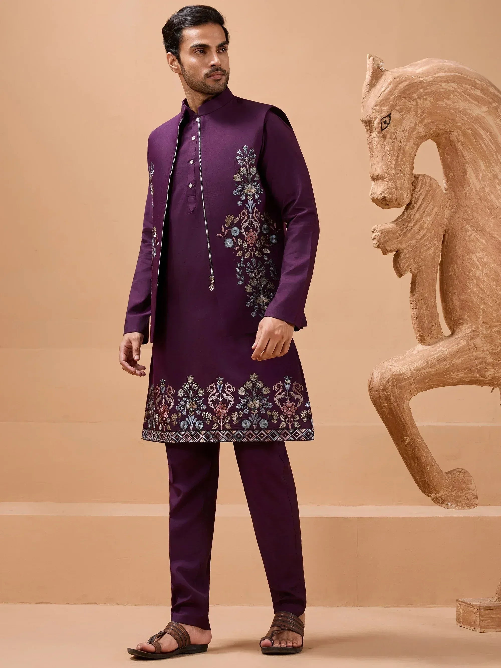 Stylish Purple Sequins Embroidered Silk Mens Kurta Pant with Jacket