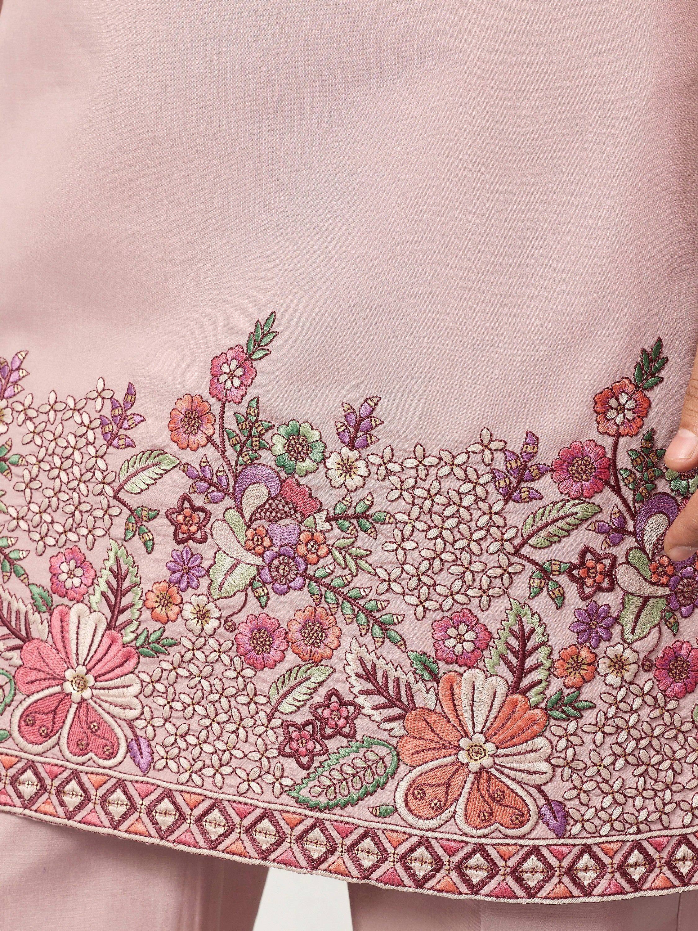 Awesome Pink Embroidered Silk Function Wear Men’s Kurta Set