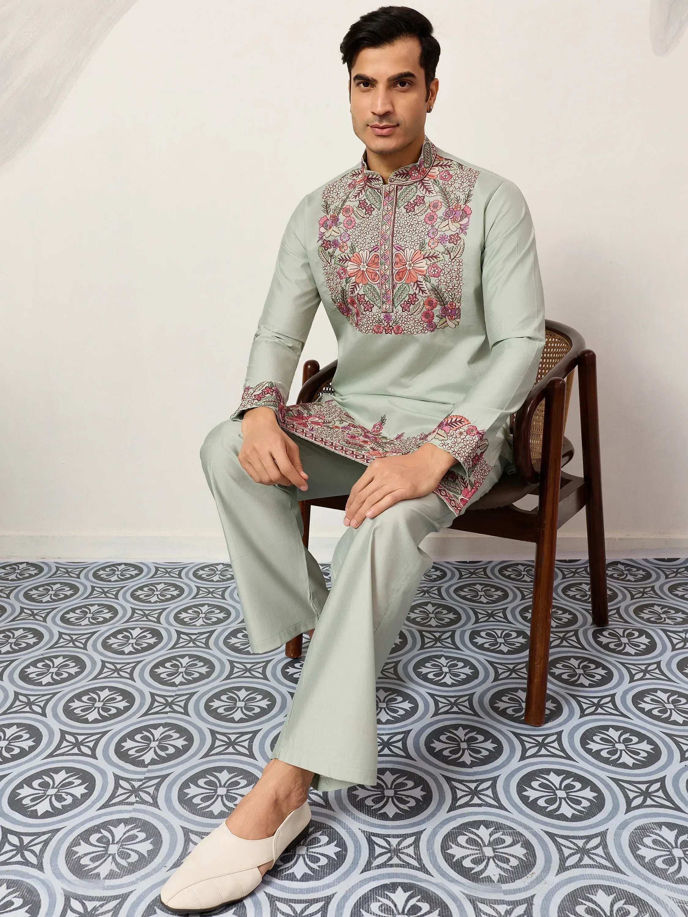 Glamorous Green Embroidered Silk Festival Wear Men’s Kurta Set