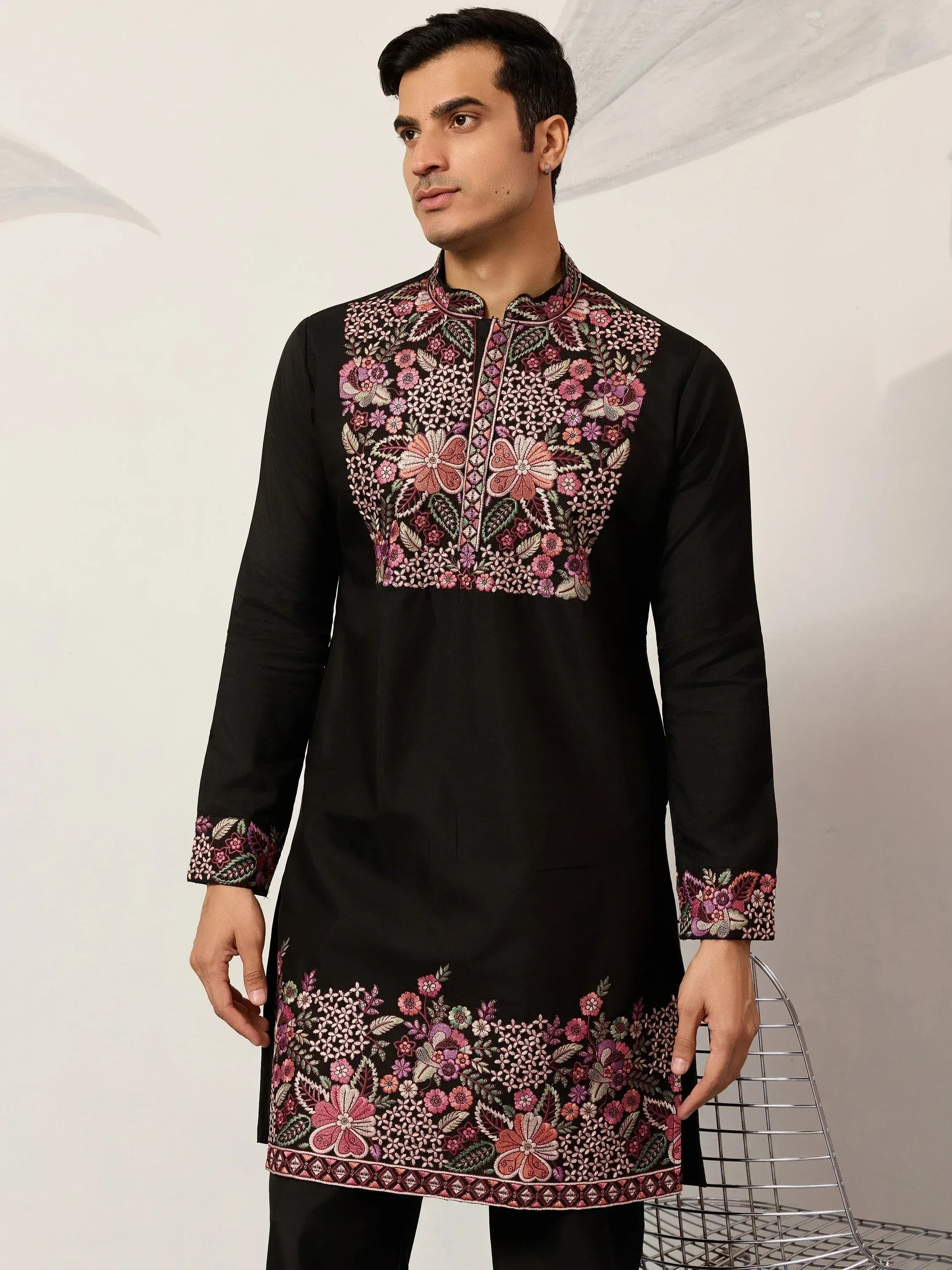 Gorgeous Black Embroidered Silk Wedding Wear Men’s Kurta Set