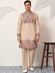 Captivating Beige Embroidered Silk Festival Wear Men’s Kurta Set
