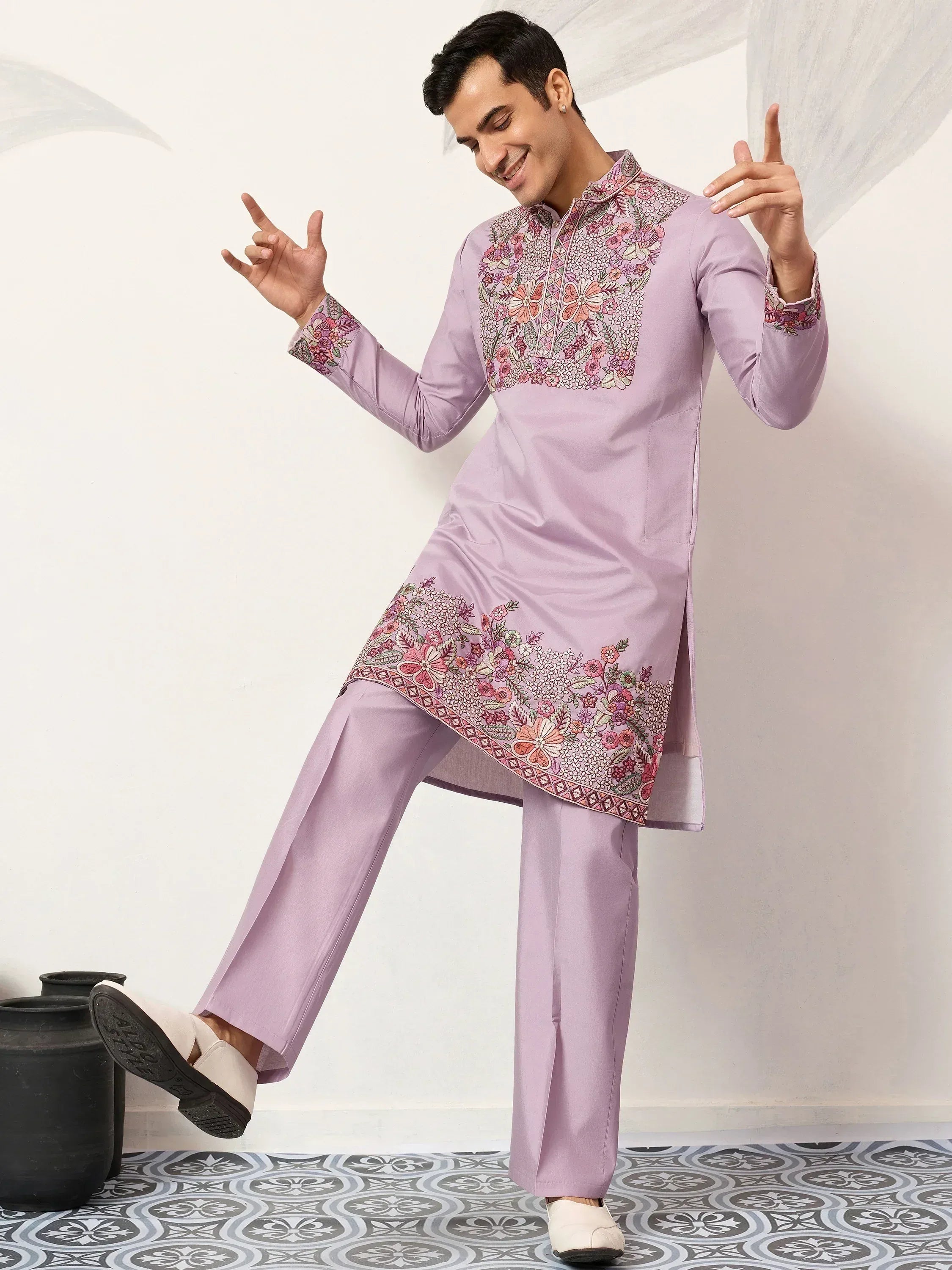 Graceful Lavender Embroidered Silk Function Wear Men’s Kurta Set