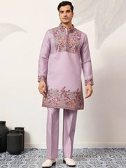 Graceful Lavender Embroidered Silk Function Wear Men’s Kurta Set