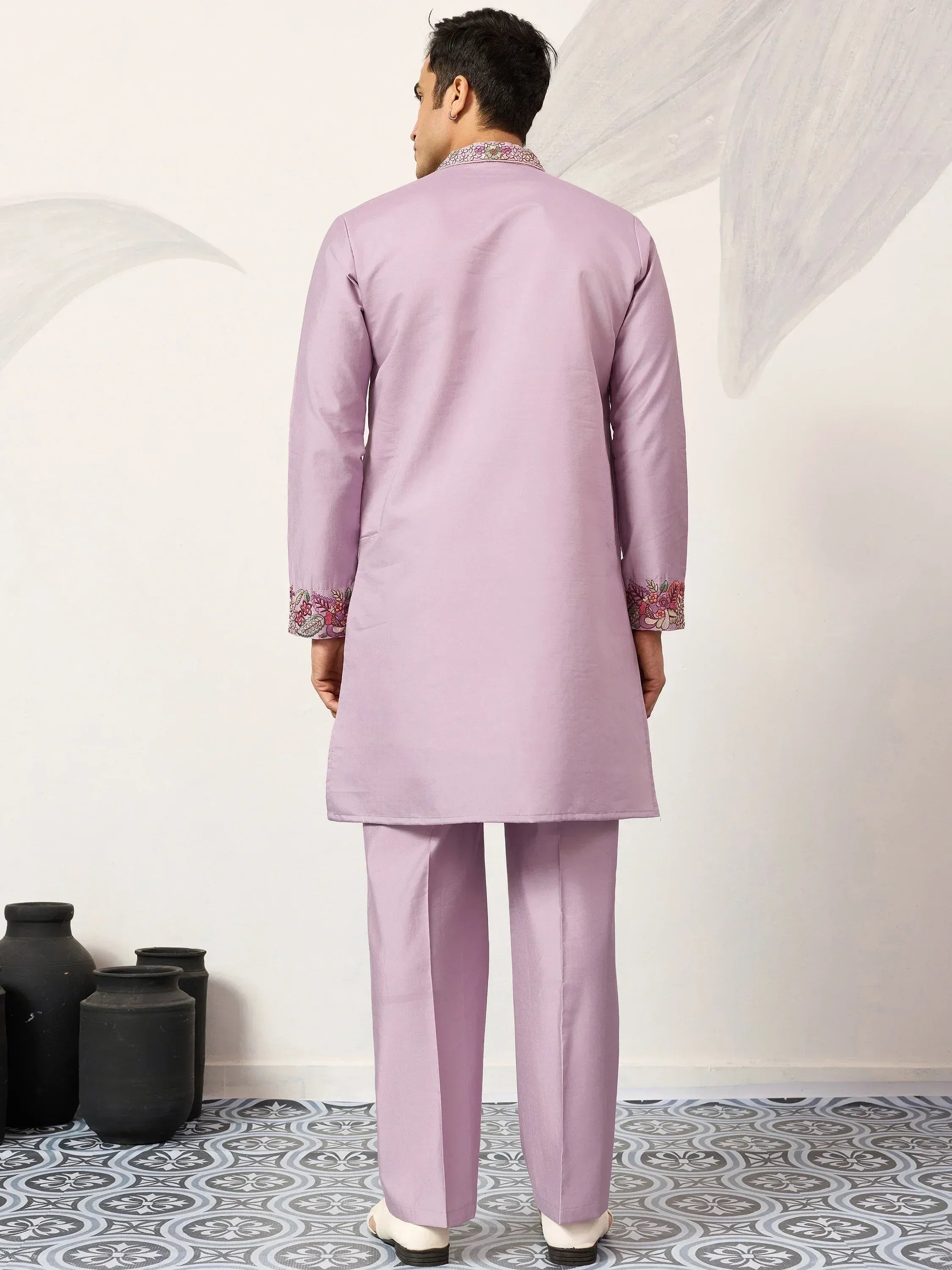 Graceful Lavender Embroidered Silk Function Wear Men’s Kurta Set