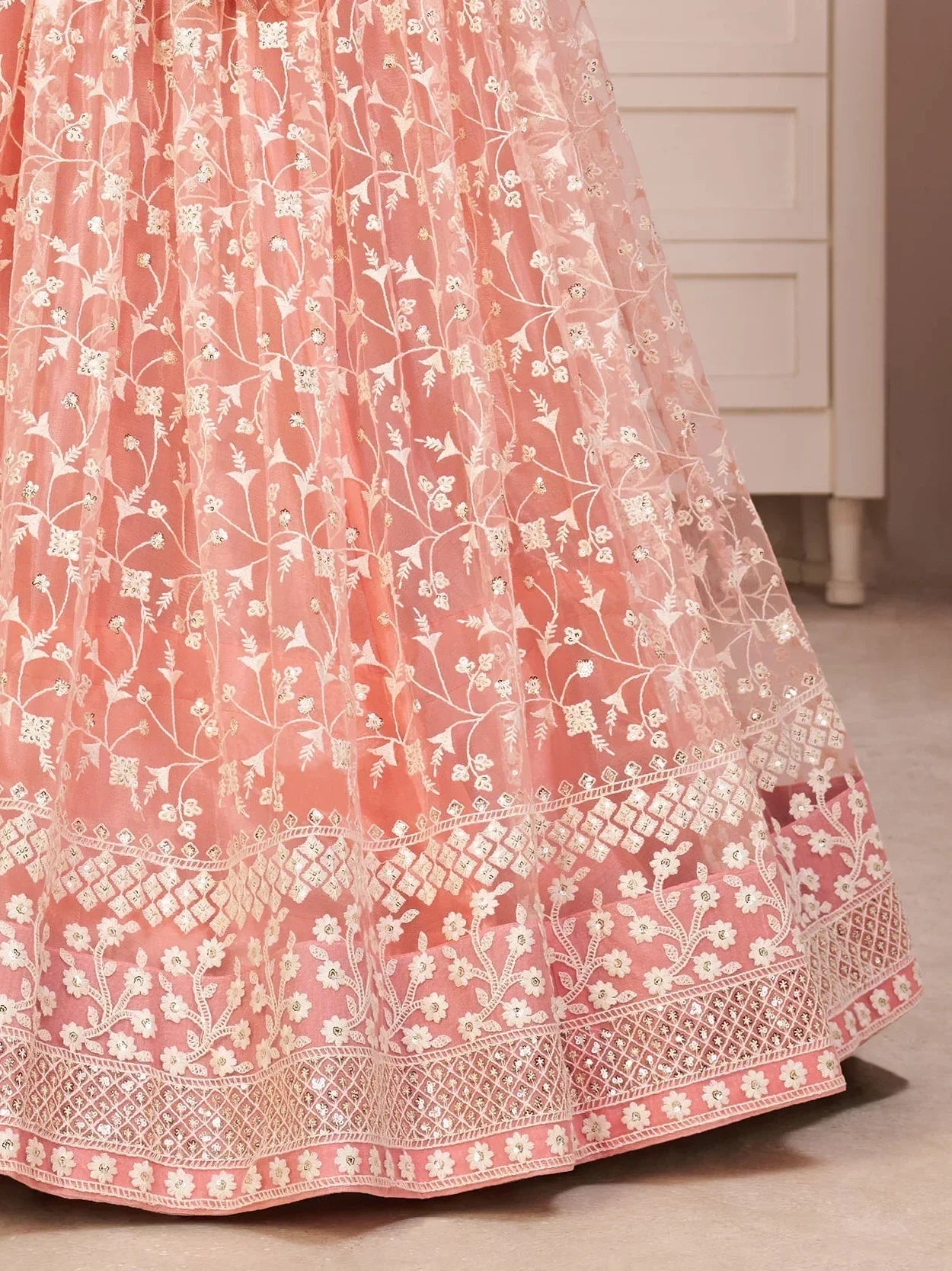 Ravishing Light Pink Thread Net Festive Wear Lehenga Choli