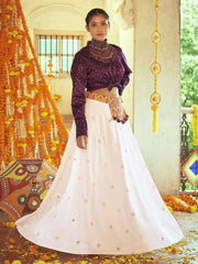 Adorable White Cotton Embroidered Readymade Navratri Wear Crop Top With Lehenga