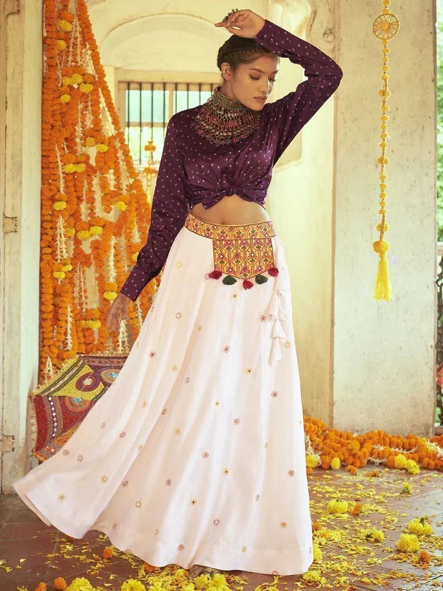 Purple polka dot crop top with white embroidered lehenga, festive Indian ethnic wear