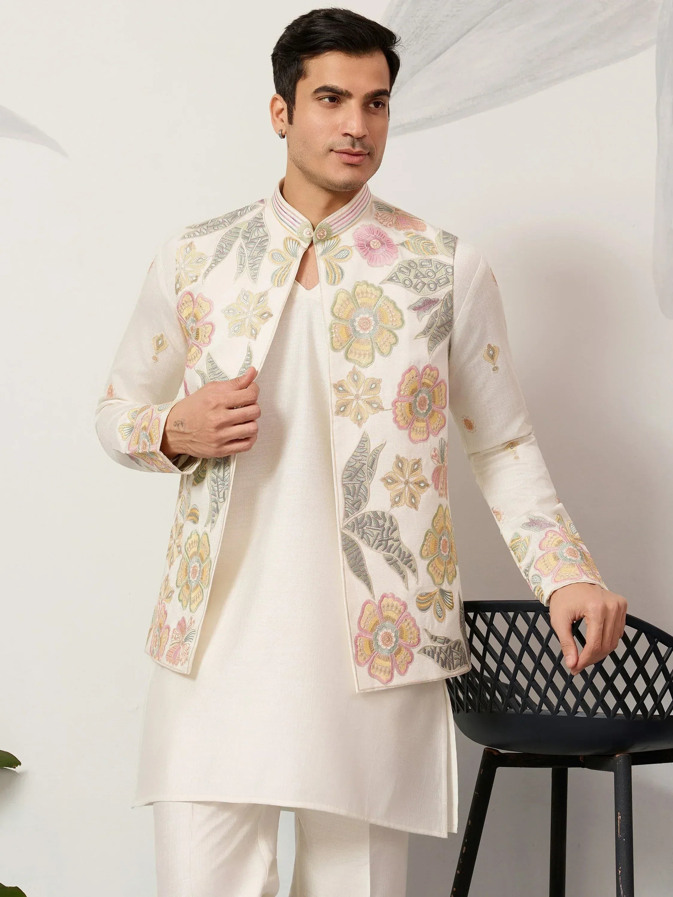 Graceful Cream Silk Festival Wear Men’s Kurta With Embroidered Koti