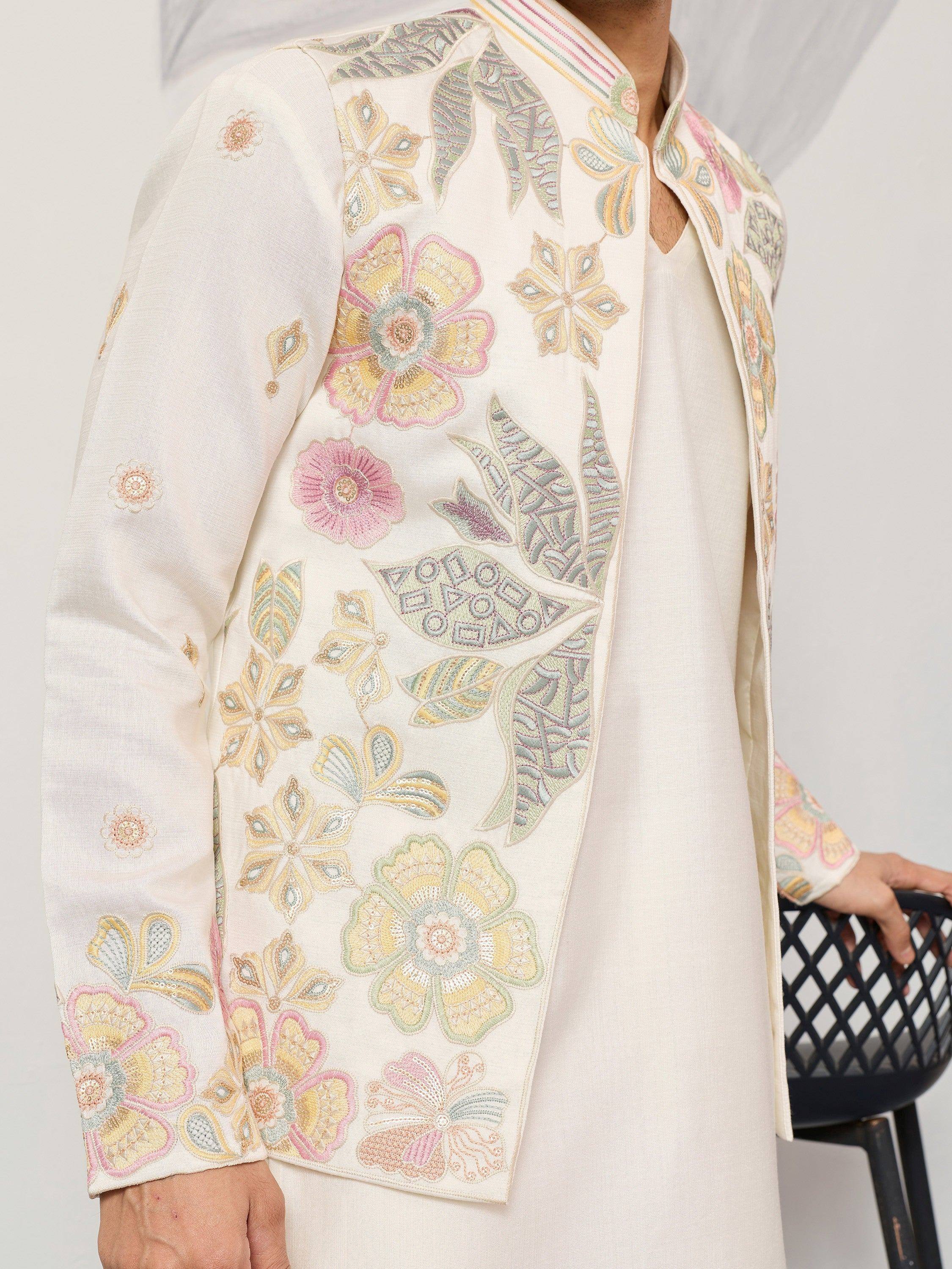Graceful Cream Silk Festival Wear Men’s Kurta With Embroidered Koti