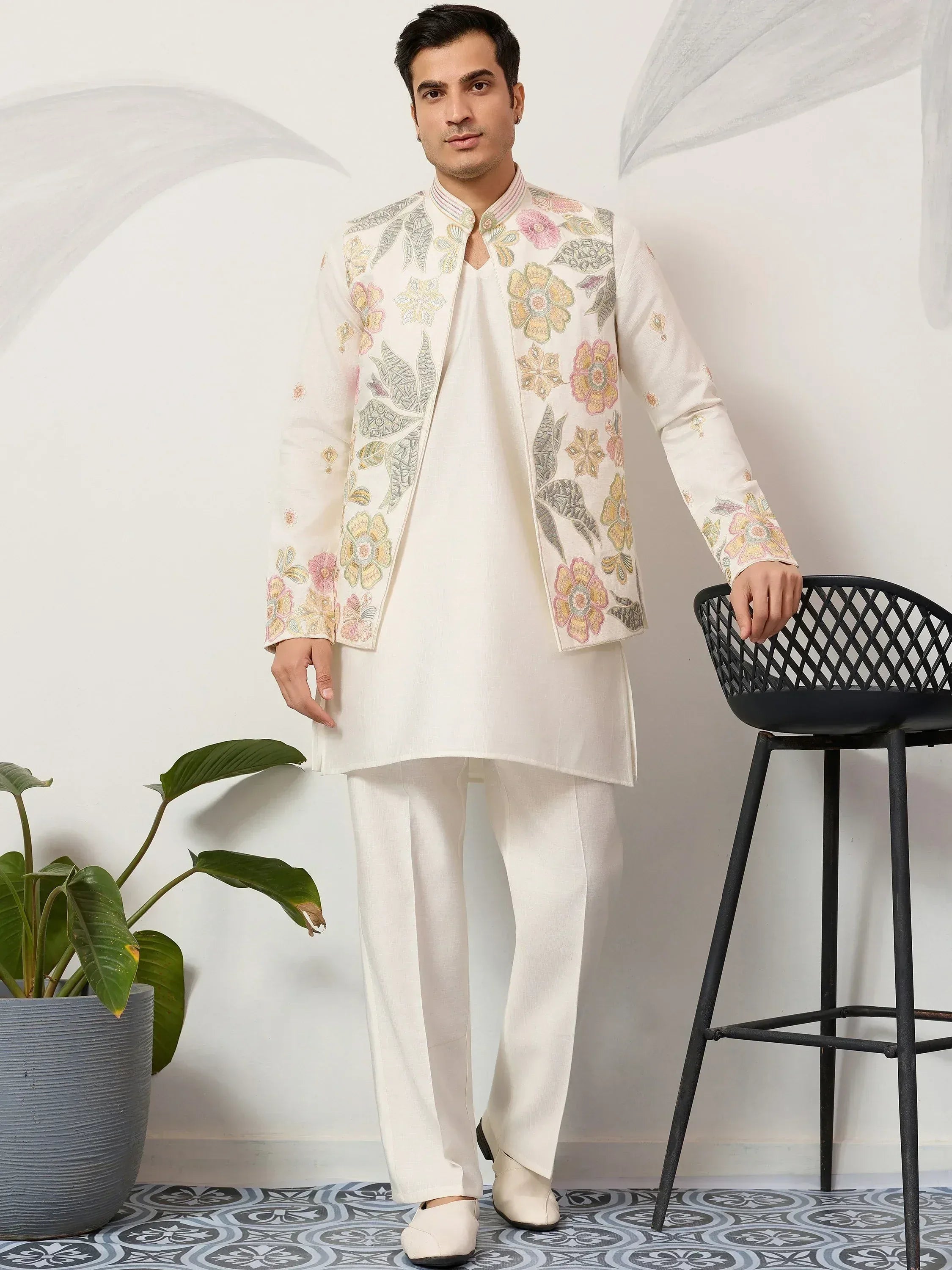 Graceful Cream Silk Festival Wear Men’s Kurta With Embroidered Koti