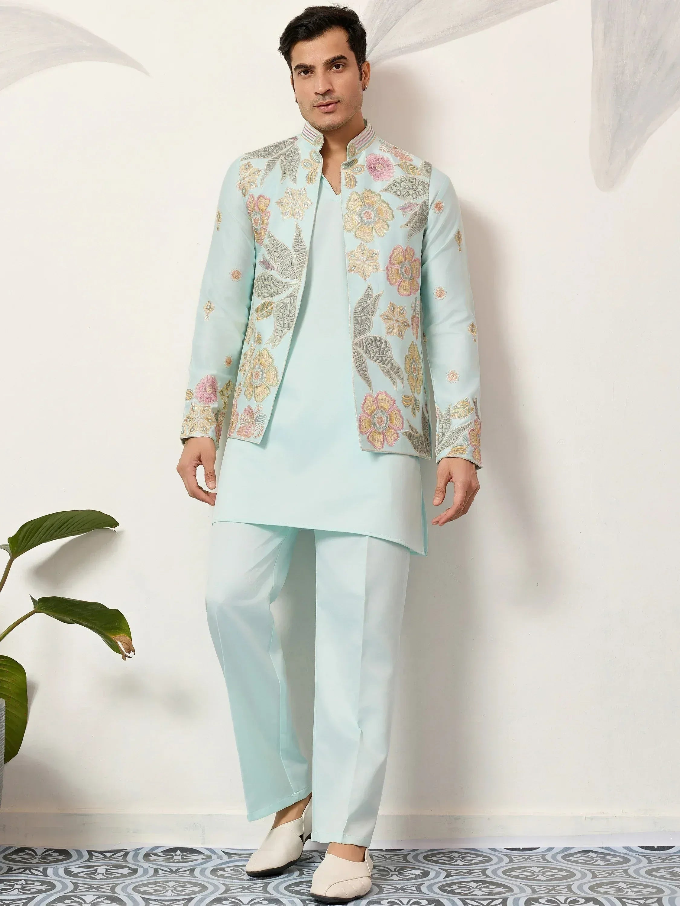 Sparkling Green Silk Function Wear Men’s Kurta With Embroidered Koti