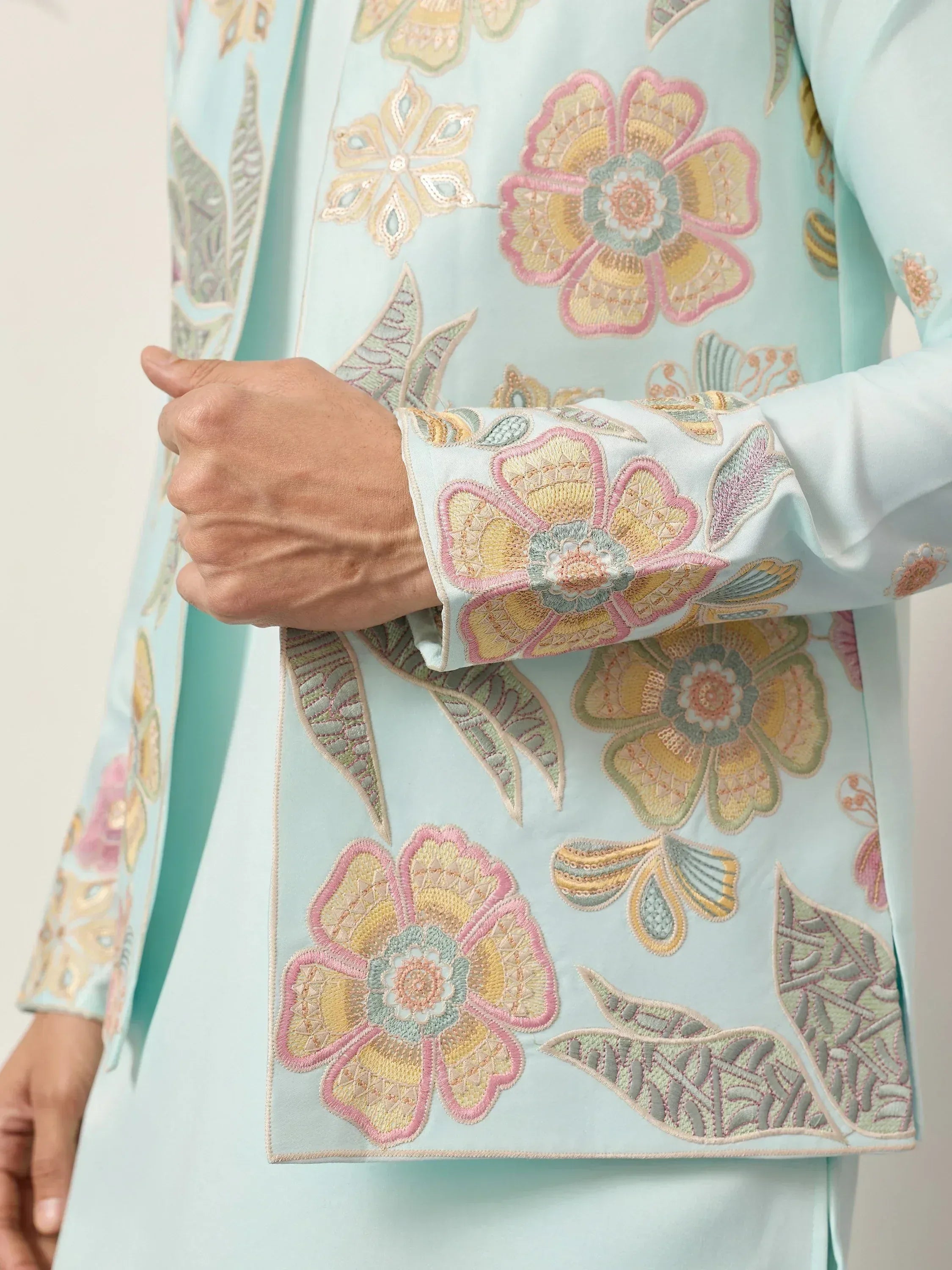 Sparkling Green Silk Function Wear Men’s Kurta With Embroidered Koti