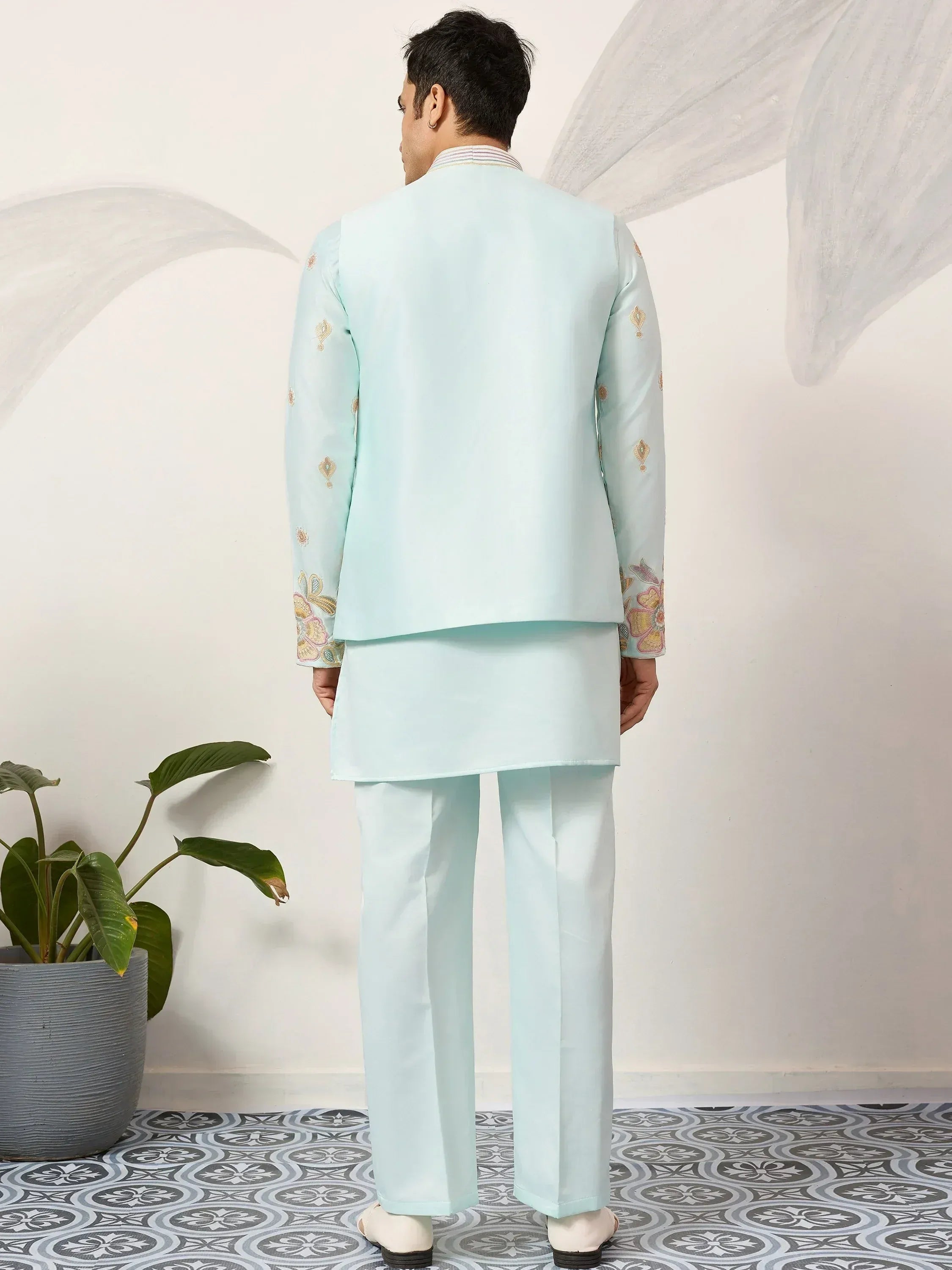 Sparkling Green Silk Function Wear Men’s Kurta With Embroidered Koti