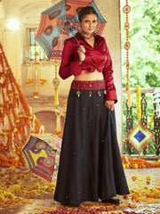 Stunning Black Cotton Embroidered Readymade Navratri wear Crop Top With Lehenga