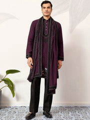 Adorable Wine Embroidered Silk Festival Wear Men’s Kurta With Dupatta