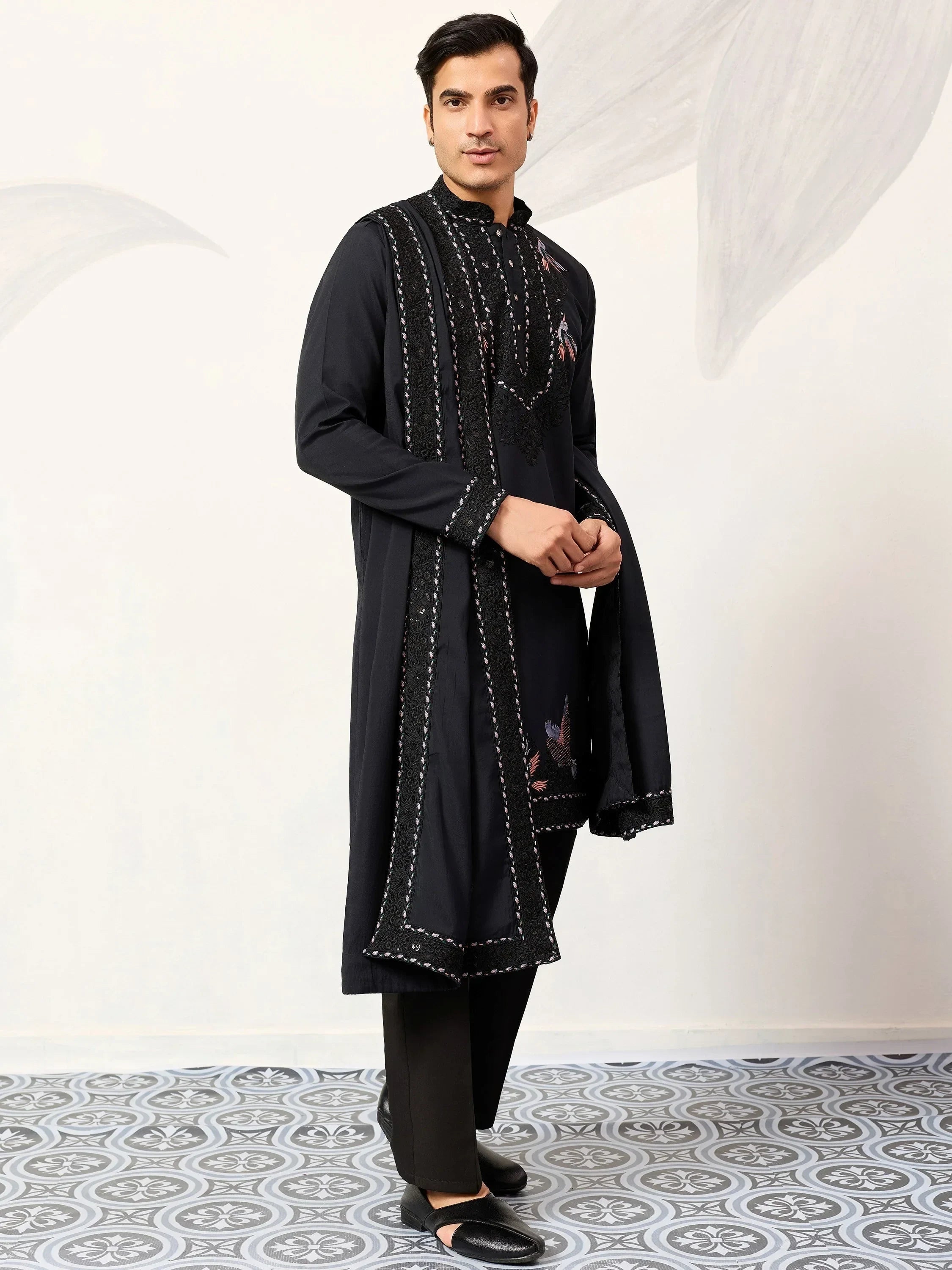 Great Navy Blue Embroidered Silk Function Wear Men’s Kurta With Dupatta