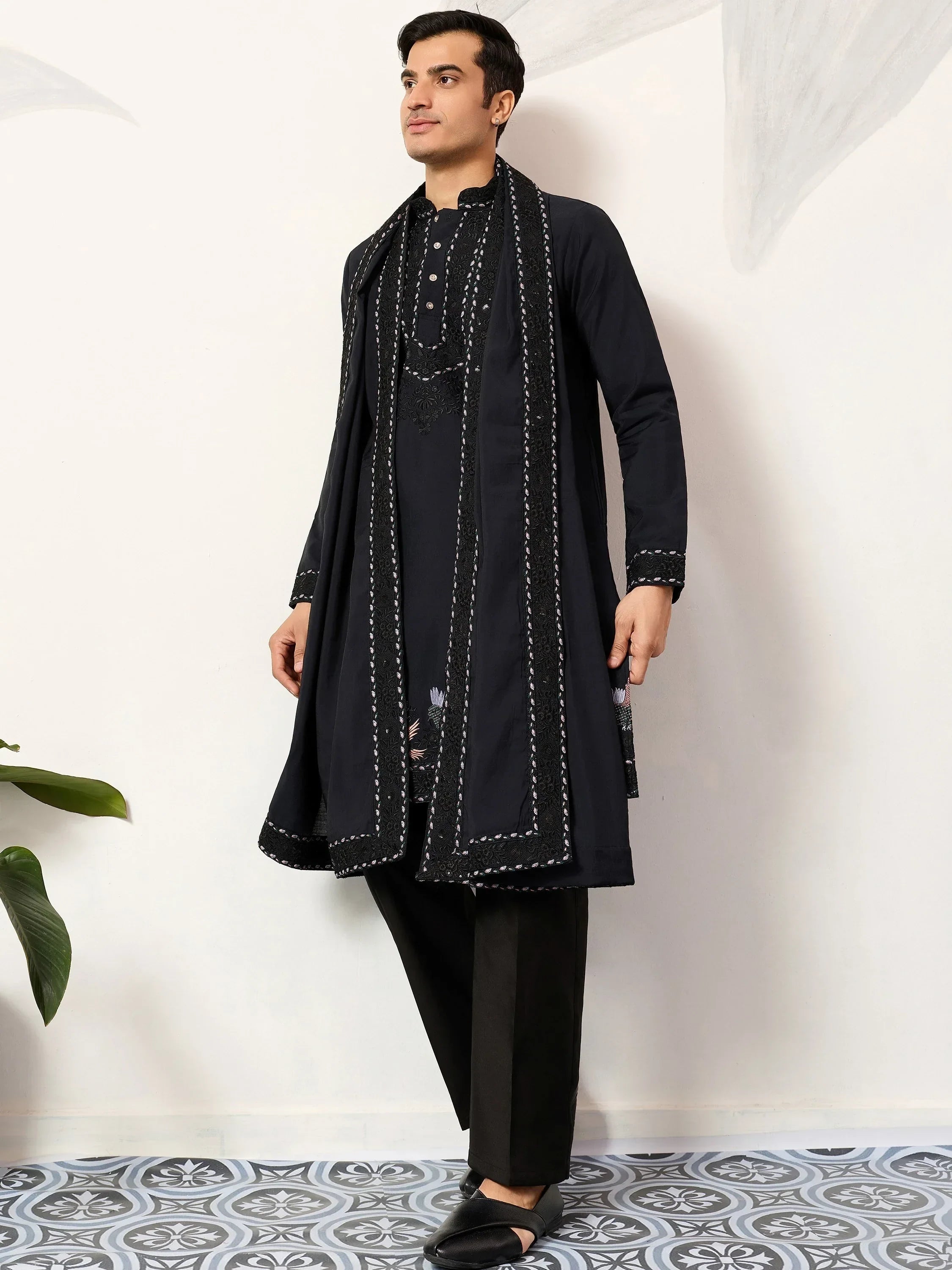 Great Navy Blue Embroidered Silk Function Wear Men’s Kurta With Dupatta