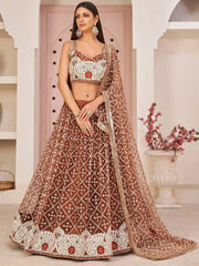 Lovely Brown Thread Embroidered Net Festive Lehenga Choli