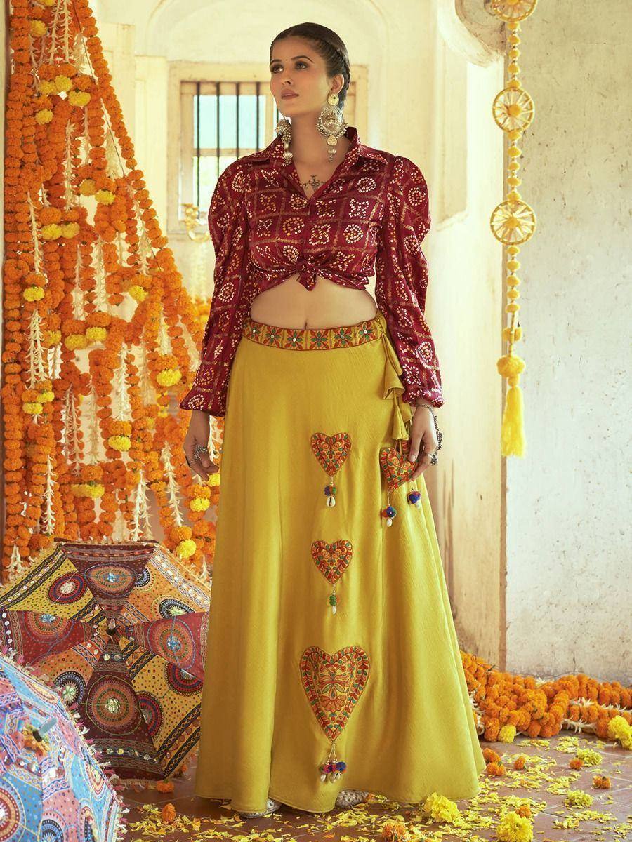 Maroon printed crop top with yellow embroidered skirt, Indian ethnic wear, festive lehenga choli set