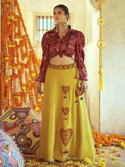 Ravishing Flouracent Green Silk Embroidered Readymade Navratri Crop Top With Lehenga