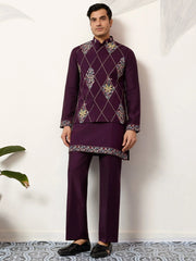 Pretty Wine Embroidered Silk Function Wear Men’s Kurta Set With Jacket
