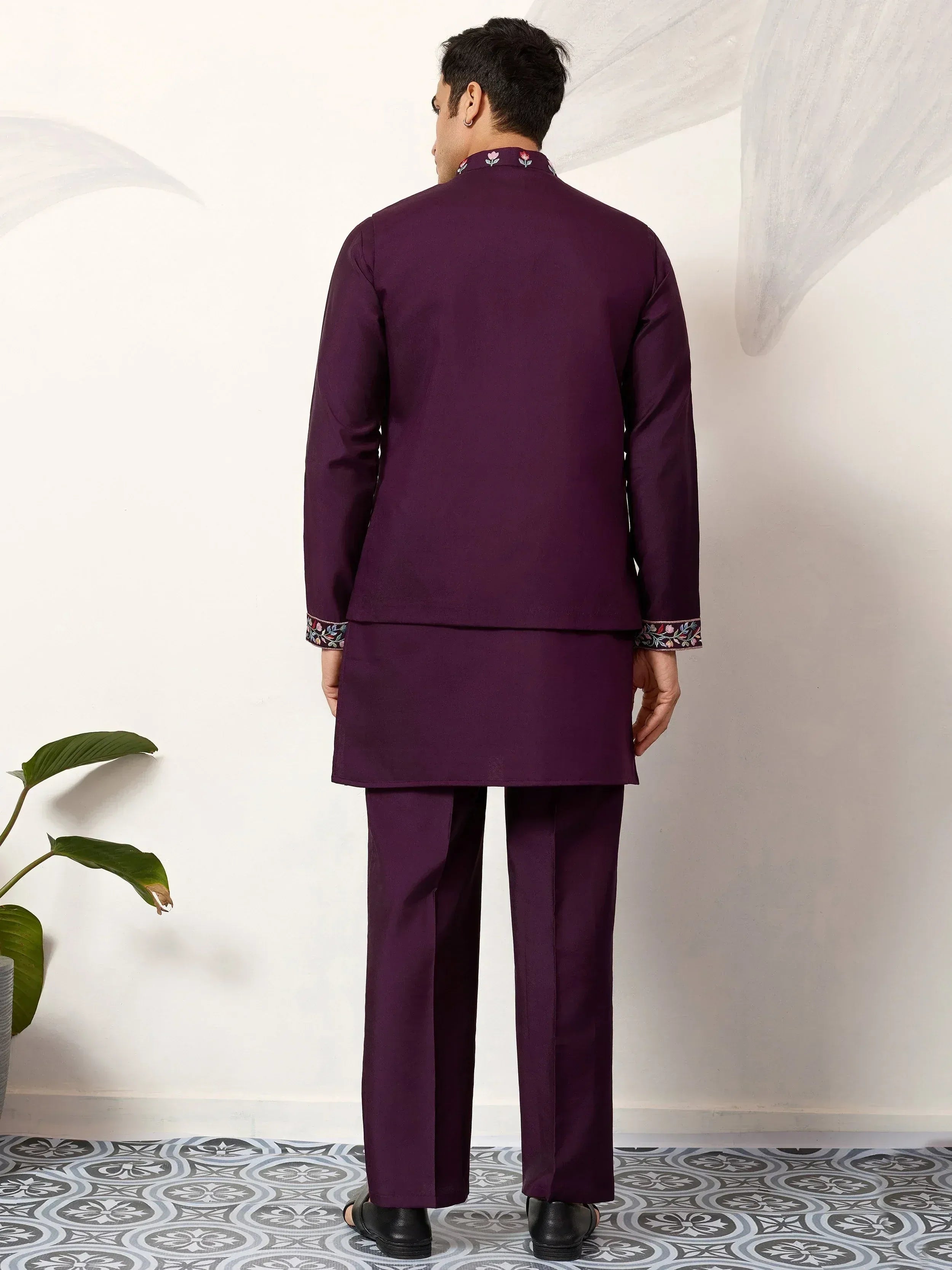 Pretty Wine Embroidered Silk Function Wear Men’s Kurta Set With Jacket