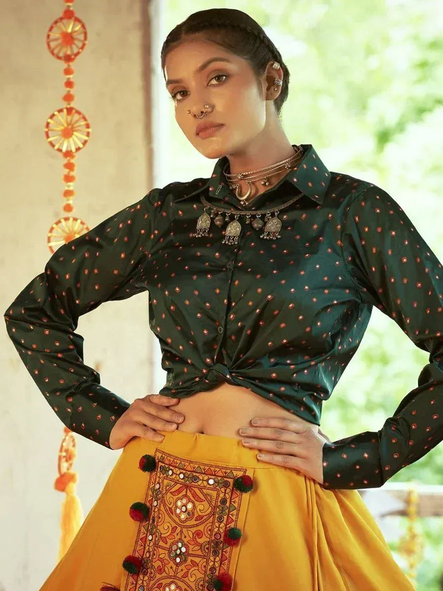 Green polka dot crop top with yellow embroidered skirt, Indian ethnic wear for women